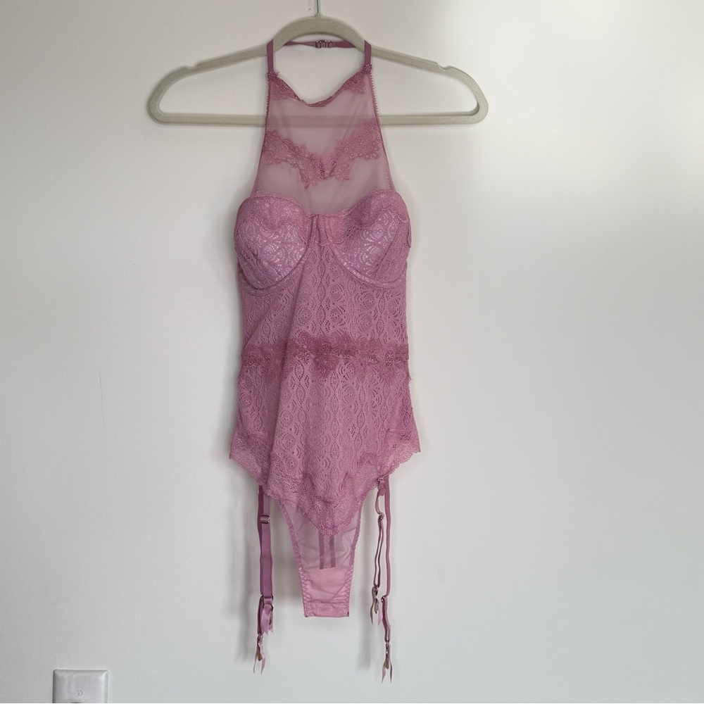Victoria's Secret Dusty Pink Lace Lingerie High Neck Bodysuit 34C